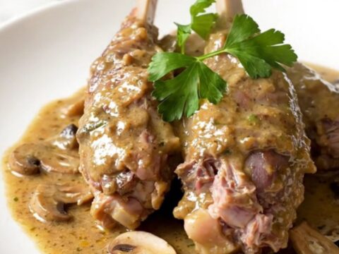 A close-up of tender, slow-cooked rabbit served with a creamy mushroom sauce on a white plate.