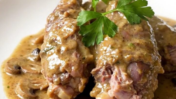 A close-up of tender, slow-cooked rabbit served with a creamy mushroom sauce on a white plate.