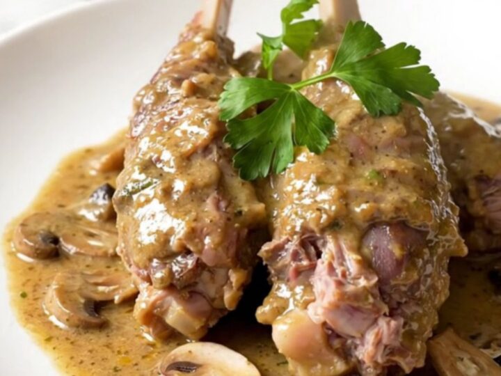 A close-up of tender, slow-cooked rabbit served with a creamy mushroom sauce on a white plate.