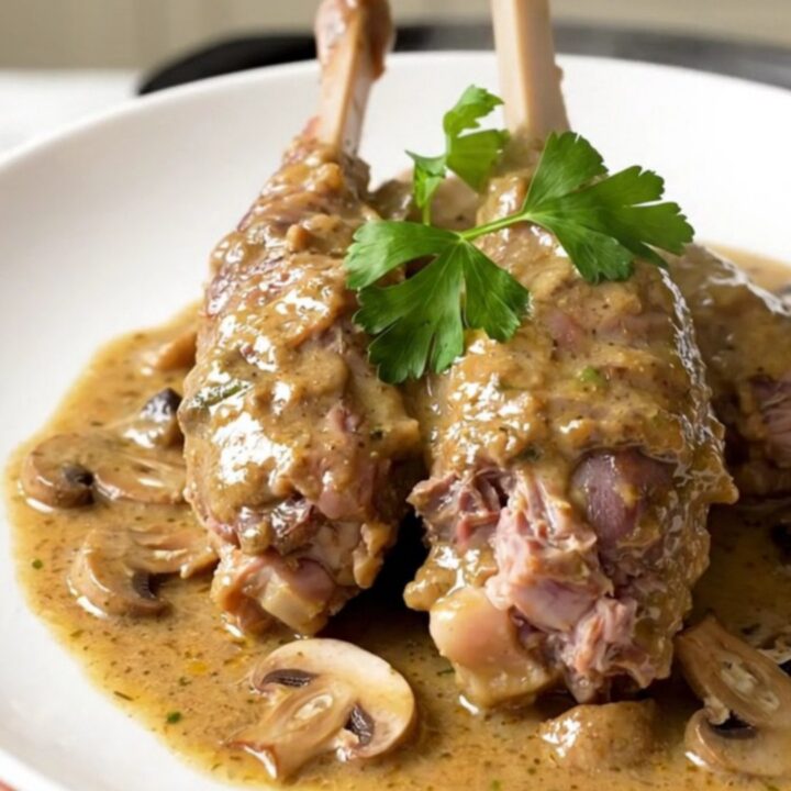 A close-up of tender, slow-cooked rabbit served with a creamy mushroom sauce on a white plate.