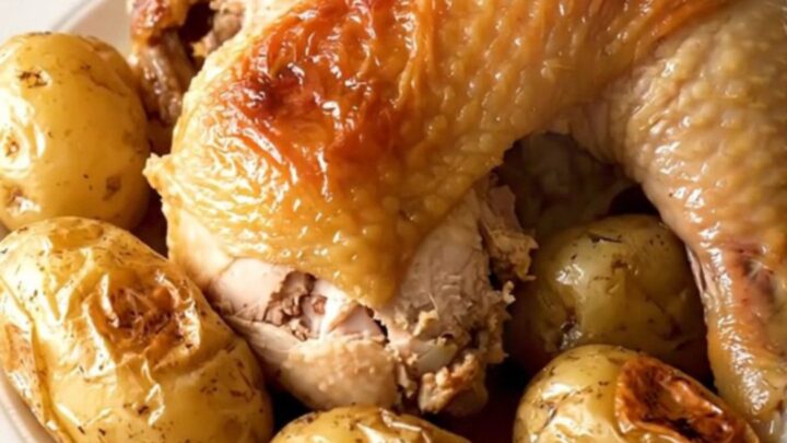 A close-up of slow-cooked chicken drumsticks and baby potatoes in a savory herb broth served on a white plate.