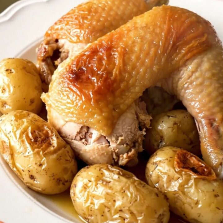 A close-up of slow-cooked chicken drumsticks and baby potatoes in a savory herb broth served on a white plate.
