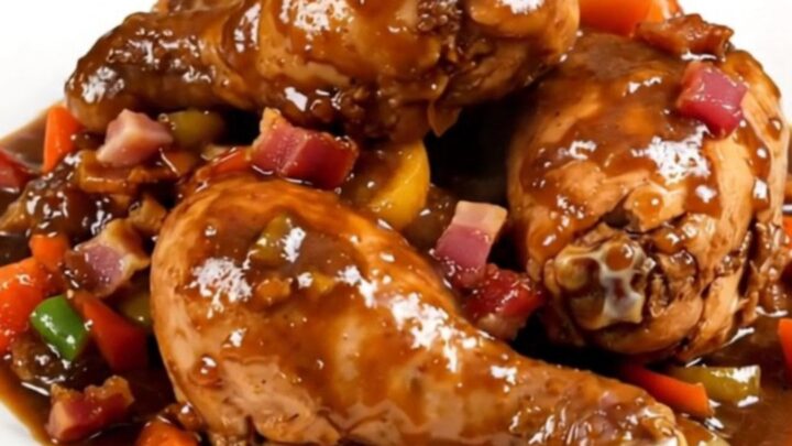 A top-down view into a black slow cooker filled with chicken pieces, carrots, onions, and lardons waiting to be cooked.