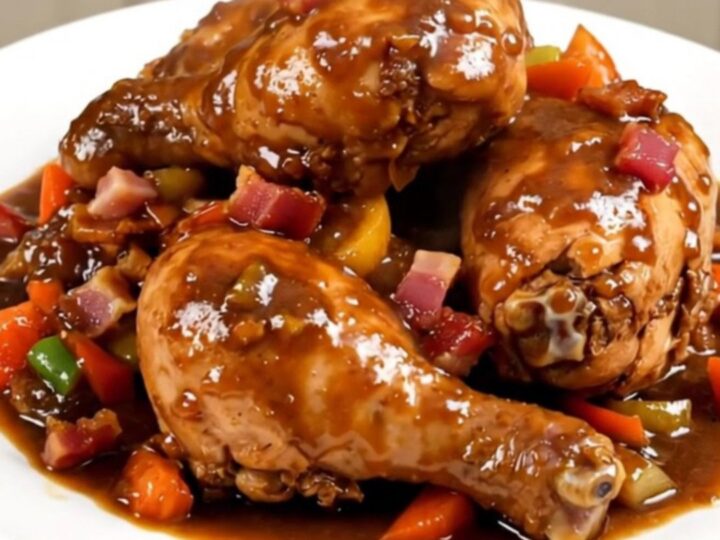 A top-down view into a black slow cooker filled with chicken pieces, carrots, onions, and lardons waiting to be cooked.