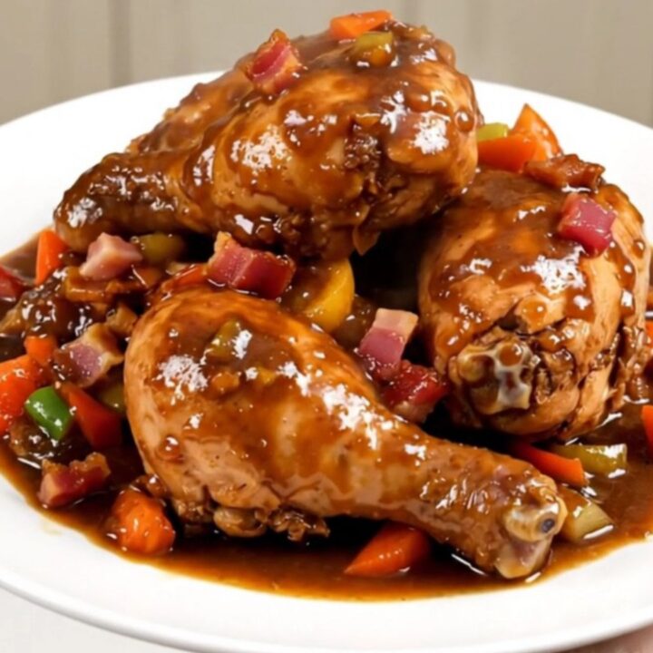 A top-down view into a black slow cooker filled with chicken pieces, carrots, onions, and lardons waiting to be cooked.