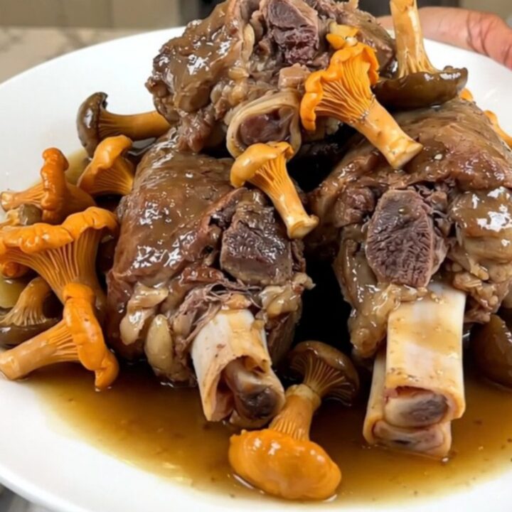 Slow cooked veal shanks with marrow bone and chanterelle mushrooms in a dark oval slow cooker.