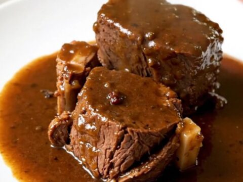 A slow cooker filled with braised beef, carrots, and rosemary on a kitchen counter.