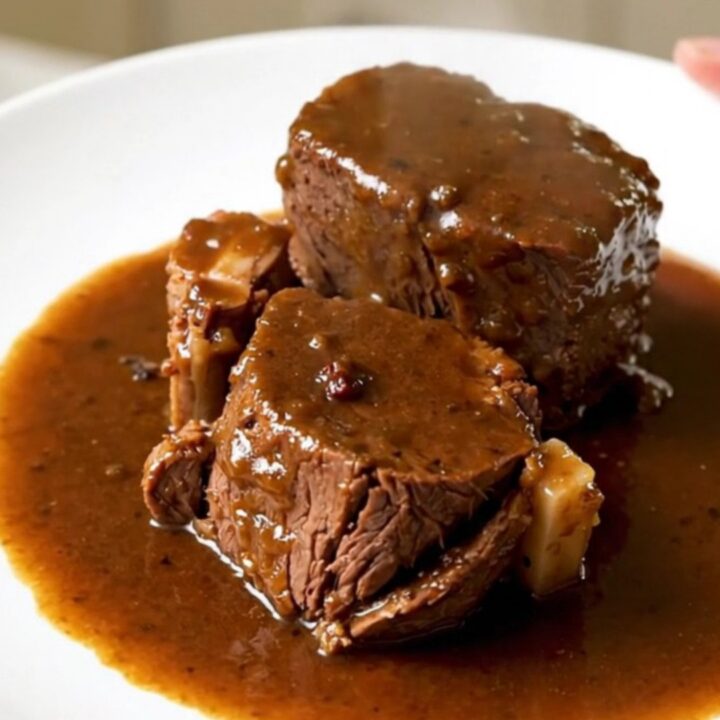A slow cooker filled with braised beef, carrots, and rosemary on a kitchen counter.
