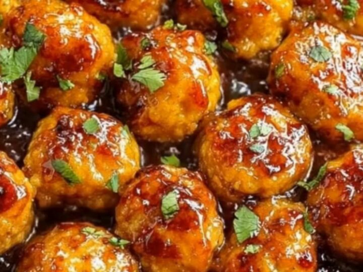 A black skillet filled with glistening chicken meatballs coated in a thick, bubbly honey garlic glaze.