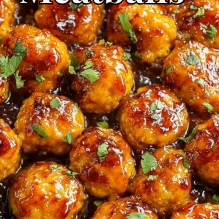 A black skillet filled with glistening chicken meatballs coated in a thick, bubbly honey garlic glaze.
