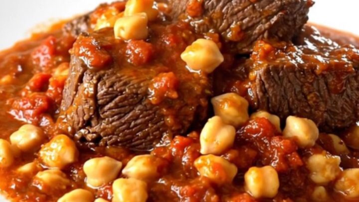 A top-down view of raw beef chuck pieces, chickpeas, and crushed tomatoes in a black slow cooker on a speckled countertop.