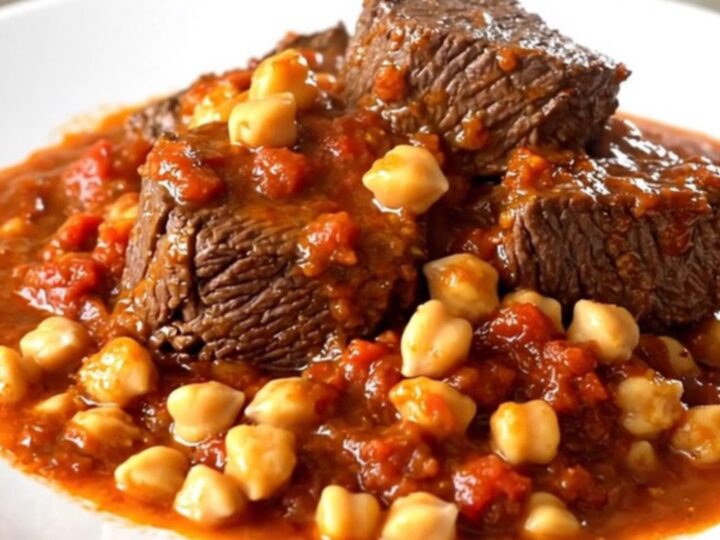 A top-down view of raw beef chuck pieces, chickpeas, and crushed tomatoes in a black slow cooker on a speckled countertop.