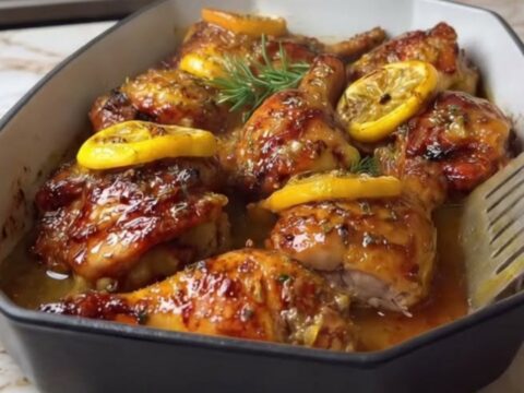 Close-up of golden honey lemon garlic chicken in a black skillet with fresh rosemary.
