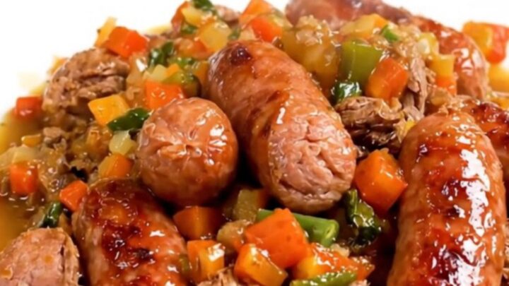 A close-up of a steaming bowl of Liège-style sausage and green bean stew on a white plate.