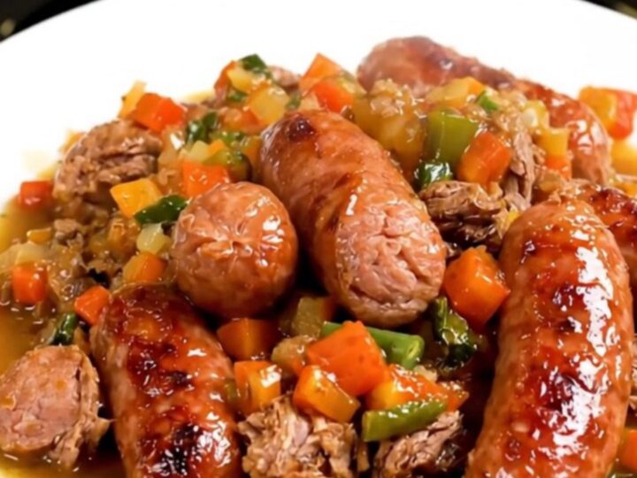 A close-up of a steaming bowl of Liège-style sausage and green bean stew on a white plate.