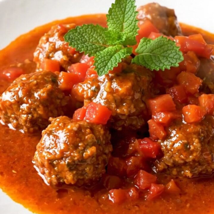 Steaming slow cooker beef meatball tagine coated in glossy tomato sauce with cumin and dried mint.