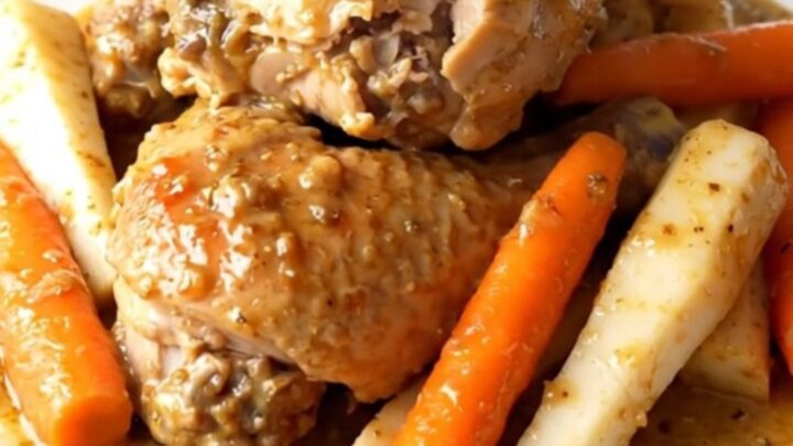 Close-up of creamy slow cooker chicken with sliced carrots and parsnips served on a white plate.