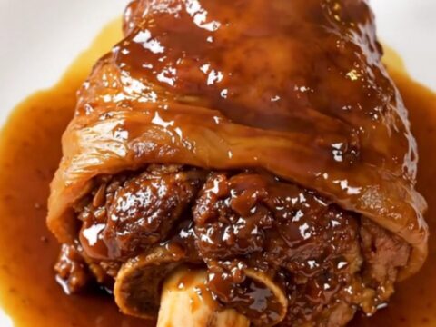 Jarret de porc braisé à la bière servi dans une assiette blanche avec des légumes confits.