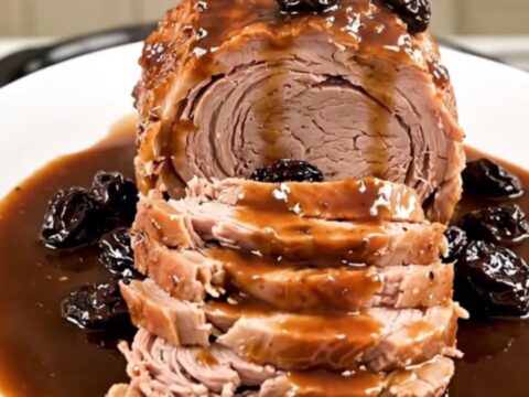 A beautifully plated slow cooker pork roast sliced to show tender meat, garnished with prunes and bacon.