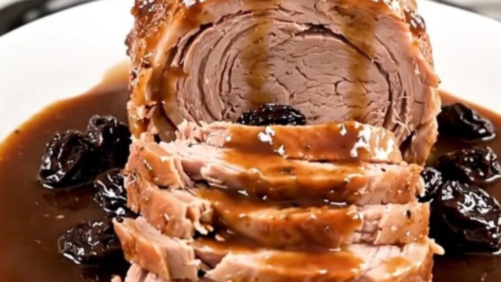 A beautifully plated slow cooker pork roast sliced to show tender meat, garnished with prunes and bacon.