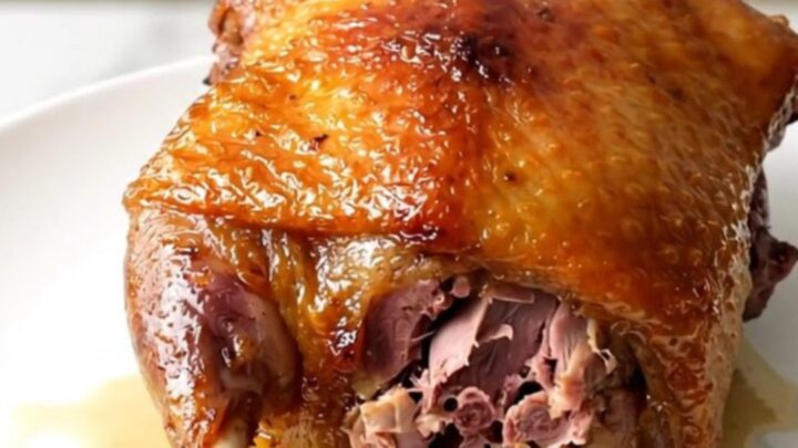 A close-up of crispy, golden-brown duck confit with fresh rosemary on a white plate.