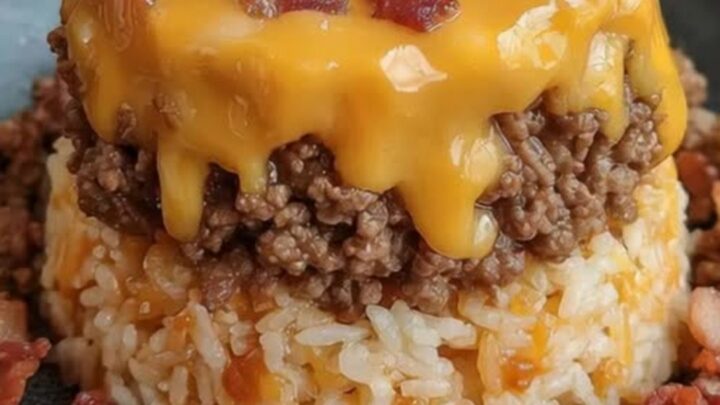 A bacon cheeseburger rice stack on a dark plate, featuring layers of rice, beef, melted cheddar, and bacon.