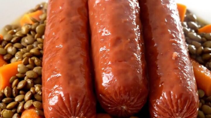 A steaming plate of slow-cooked lentils with diced carrots and sliced frankfurters on a white plate.
