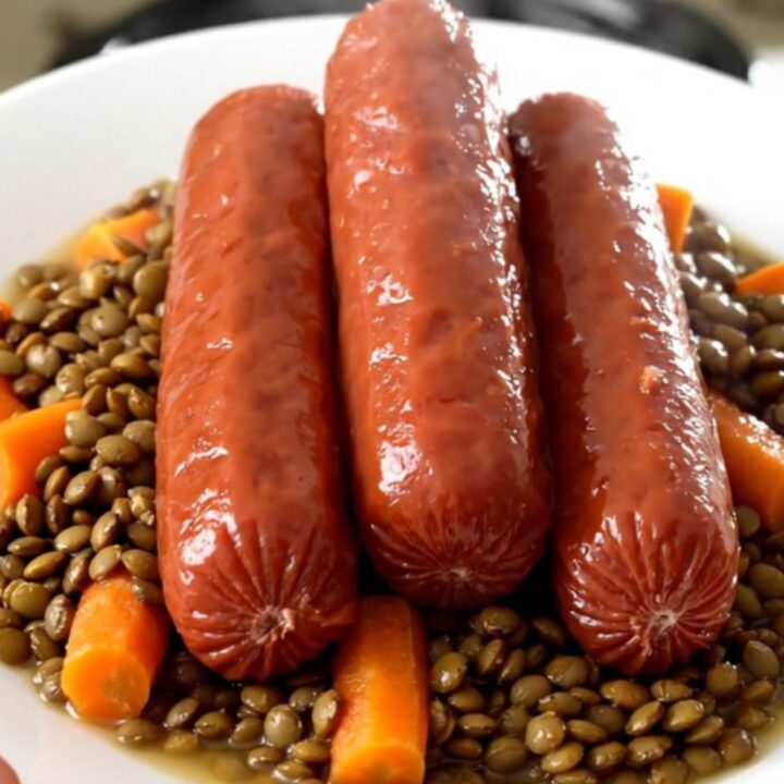 A steaming plate of slow-cooked lentils with diced carrots and sliced frankfurters on a white plate.