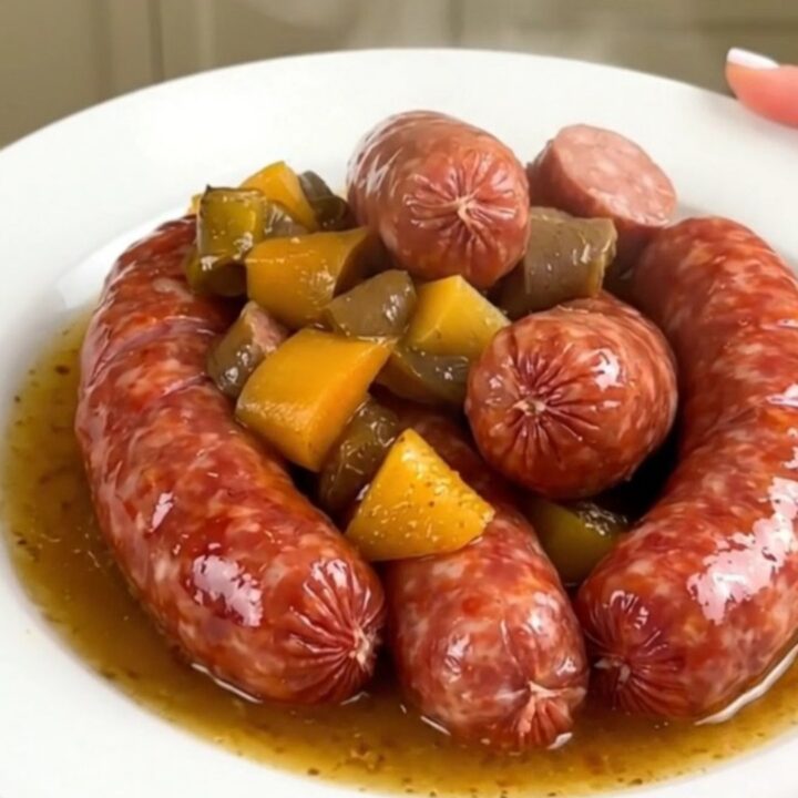 A white plate filled with cooked cervelas sausages, sliced potatoes, leeks, and carrots in a mustard broth.