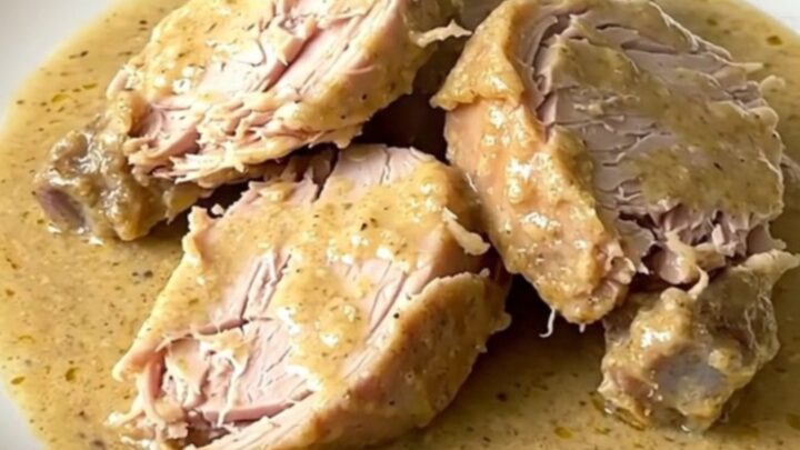Dinde crémeuse à l'estragon servie dans une assiette blanche avec une sauce onctueuse.