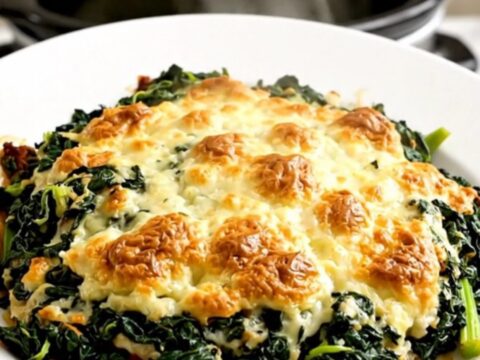 A top-down view of raw Swiss chard, shallots, and béchamel sauce inside a black oval slow cooker on a white countertop.