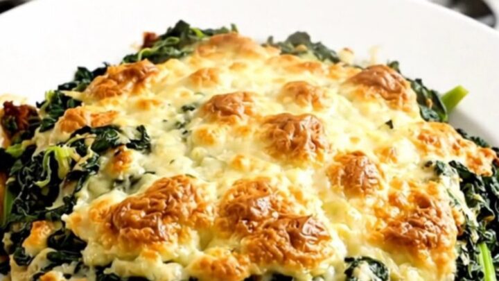A top-down view of raw Swiss chard, shallots, and béchamel sauce inside a black oval slow cooker on a white countertop.