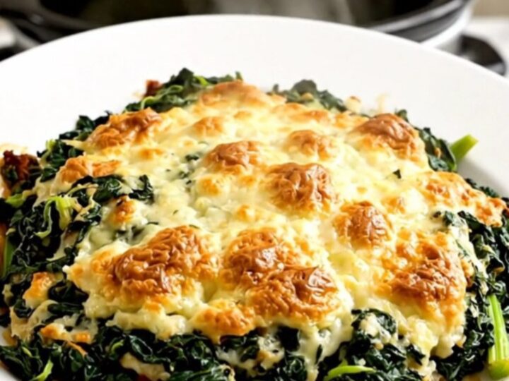 A top-down view of raw Swiss chard, shallots, and béchamel sauce inside a black oval slow cooker on a white countertop.