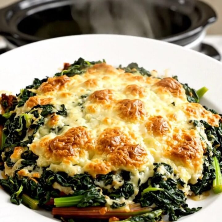 A top-down view of raw Swiss chard, shallots, and béchamel sauce inside a black oval slow cooker on a white countertop.