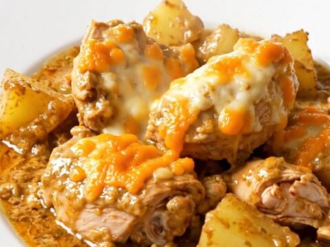 Vue de dessus d'une mijoteuse contenant du poulet, des pommes de terre et une sauce crémeuse au Cantal.
