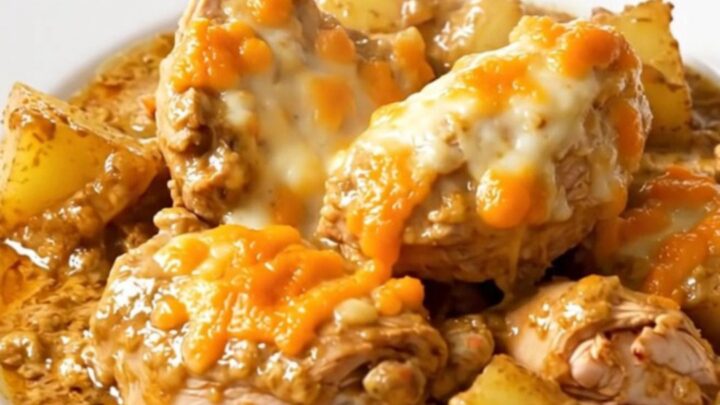 Vue de dessus d'une mijoteuse contenant du poulet, des pommes de terre et une sauce crémeuse au Cantal.
