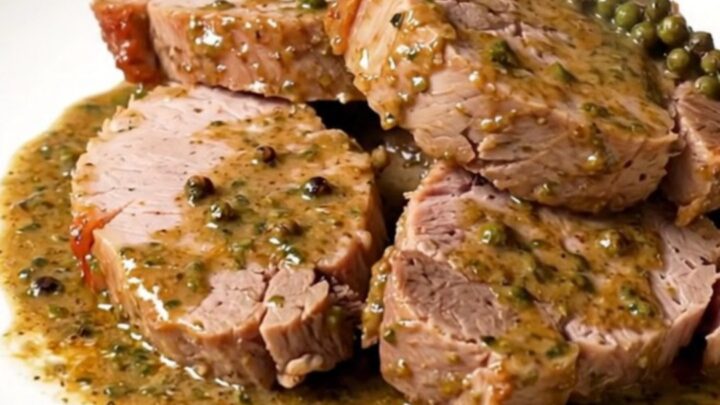 A succulent sliced pork tenderloin topped with a glossy, creamy green peppercorn sauce on a white plate.