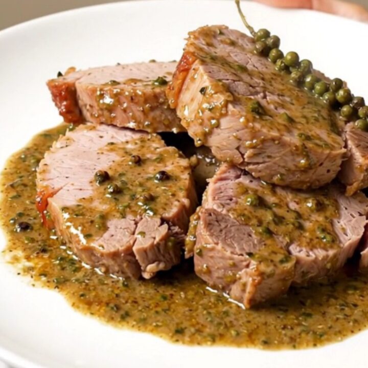 A succulent sliced pork tenderloin topped with a glossy, creamy green peppercorn sauce on a white plate.