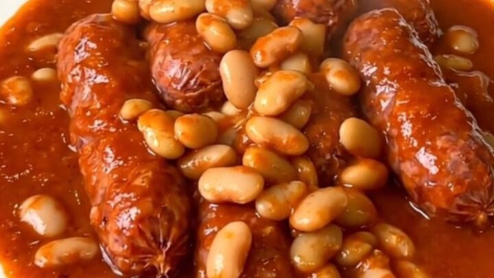A top-down view of Catalan sausages and white beans simmering in a black slow cooker.