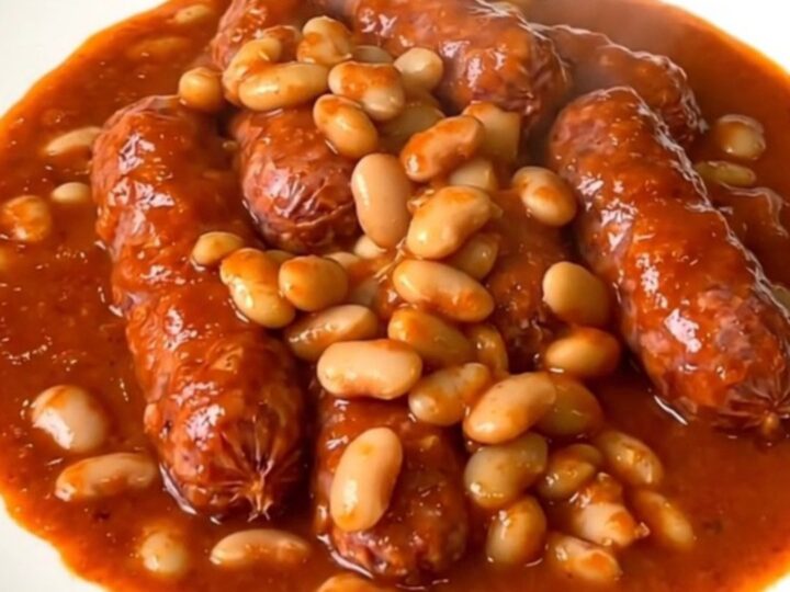 A top-down view of Catalan sausages and white beans simmering in a black slow cooker.
