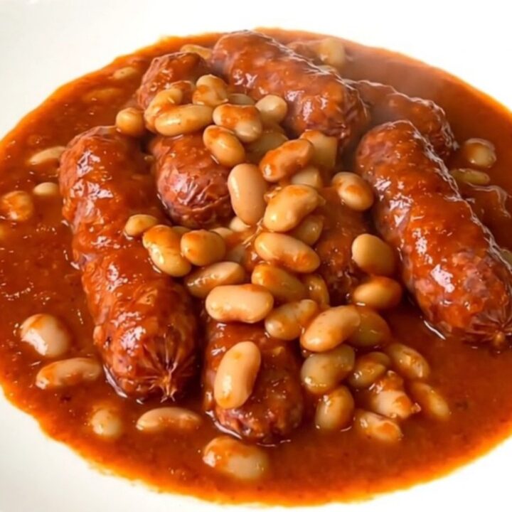 A top-down view of Catalan sausages and white beans simmering in a black slow cooker.