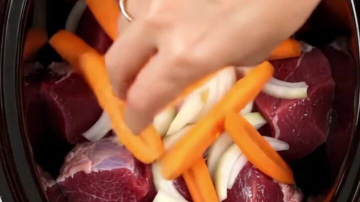 A top-down view of tender braised veal with carrots and cumin in a slow cooker.