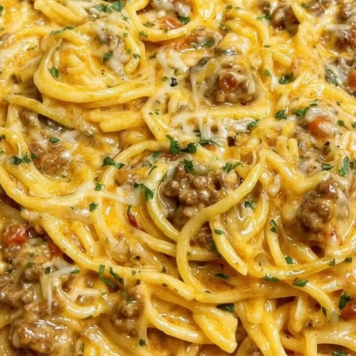 A grey bowl filled with creamy Cajun beef spaghetti, topped with fresh chopped parsley.