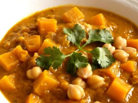 Curry de pois chiches et courge butternut servi dans un bol blanc, fumant et crémeux.