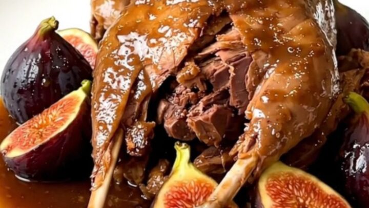 A rustic slow cooker filled with guinea fowl, fresh fig halves, and sliced shallots in a rich port wine sauce.