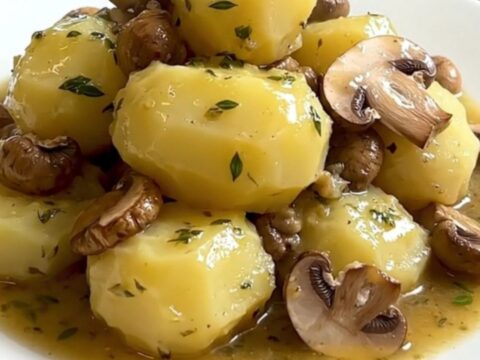 A close-up view of melting slow-cooked potatoes and porcini mushrooms served on a white plate.