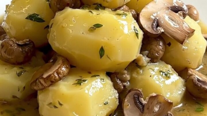 A close-up view of melting slow-cooked potatoes and porcini mushrooms served on a white plate.