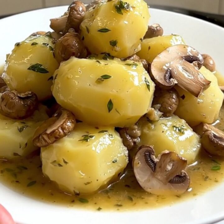 A close-up view of melting slow-cooked potatoes and porcini mushrooms served on a white plate.