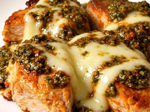 A top-down view of a slow cooker filled with chicken breasts, red pesto, and melted mozzarella cheese.