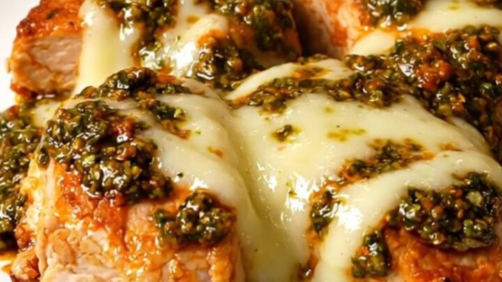 A top-down view of a slow cooker filled with chicken breasts, red pesto, and melted mozzarella cheese.